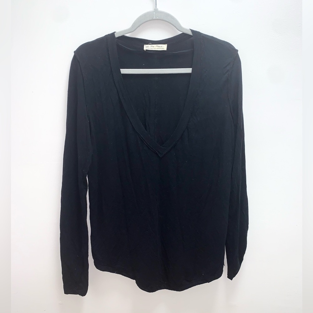 Free People Black Deep V Neck Long Sleeve Top Size Medium